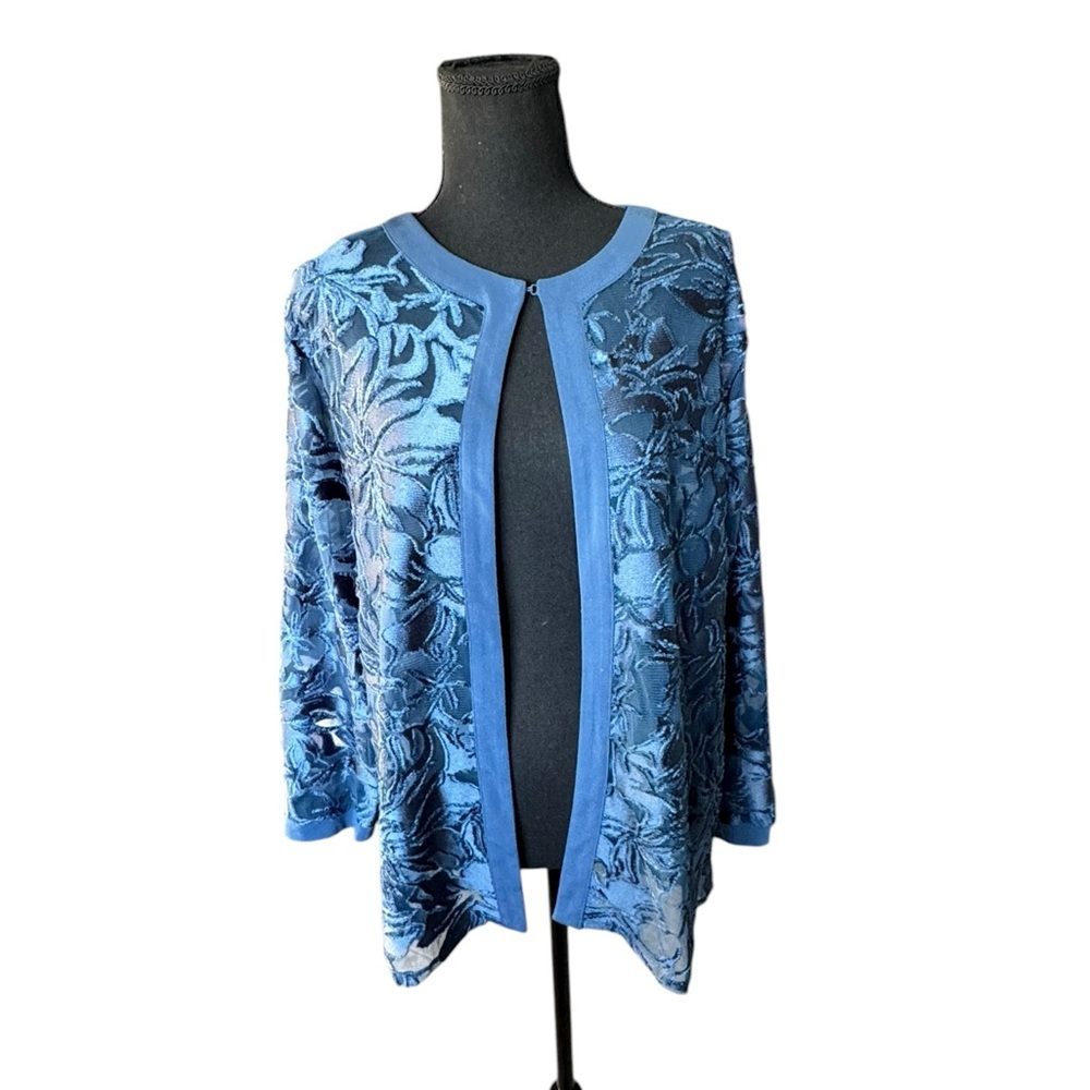 Chico’s EasyWear Blue Floral Burnout Velvet Open Front Cardigan Jacket XL/16 Q18